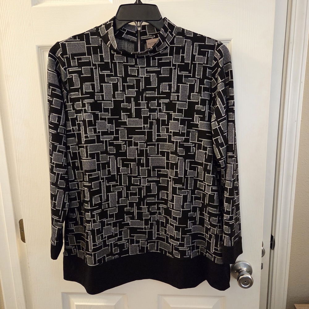 Easywear Chico's sz 2 large geo print tunic top blk/wht casual artsy chic